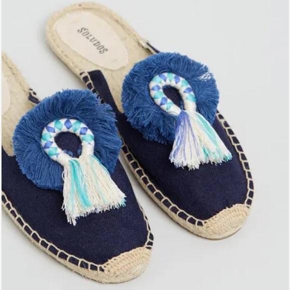 Soludos Kiki Tassel Midnight Blue Canvas Slip On Flat Mule Espadrilles NWOB - Picture 3 of 13